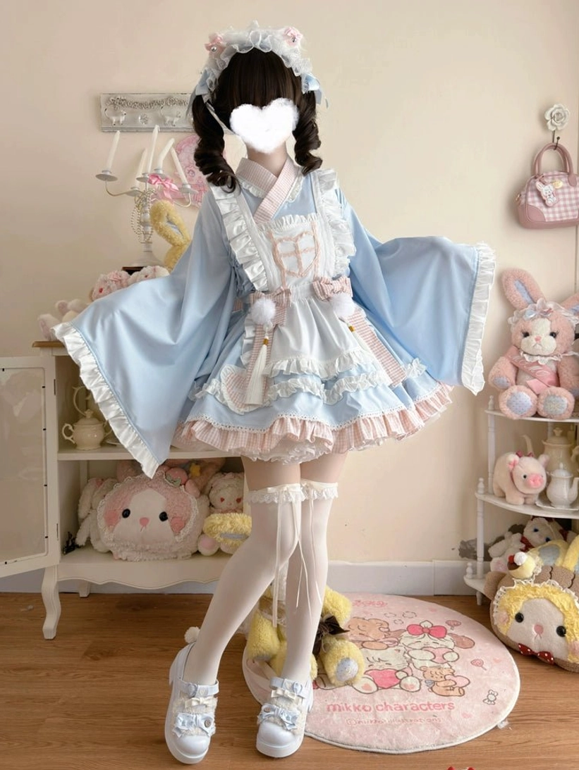 Blue maid lolita nurse dress set side mirror full-body shot with layered ruffled skirt cross back straps and white thigh-high stockings