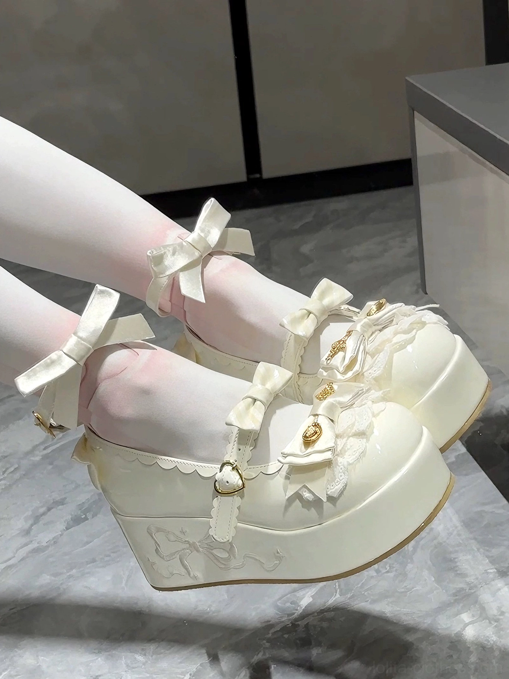 Blue mousse roll sweet lolita platform shoes top-down flat lay view displaying detachable spoon bow ankle strap and lace embellishments