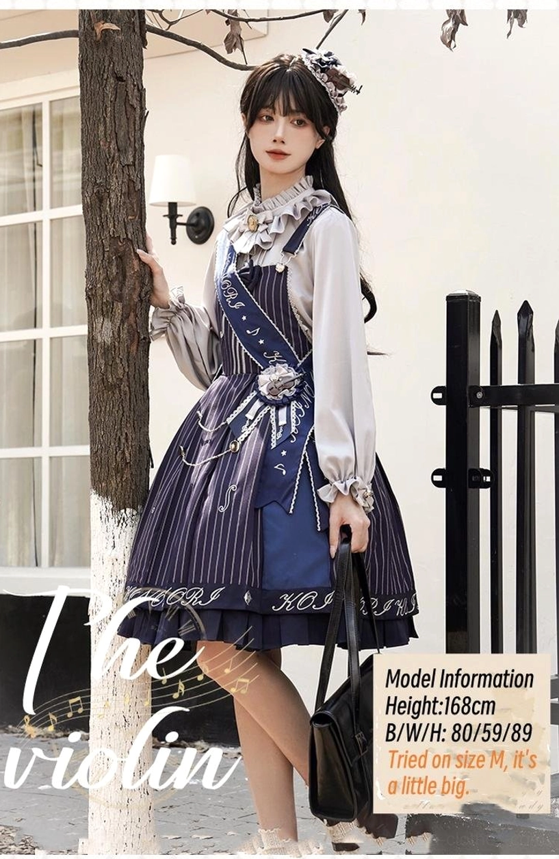 Blue navy violin preppy Lolita salopette jumper skirt featuring vertical stripes musical motif embroidery functional pockets and structured silhouette