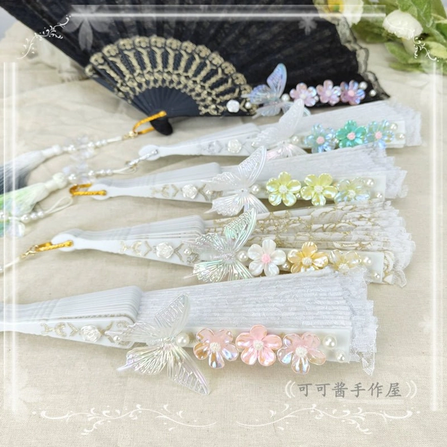 Blue-pink gradient lolita folding fan hybrid sweet aristocratic style with butterfly flower embellishments and multi-tone gradient tassel bead accent