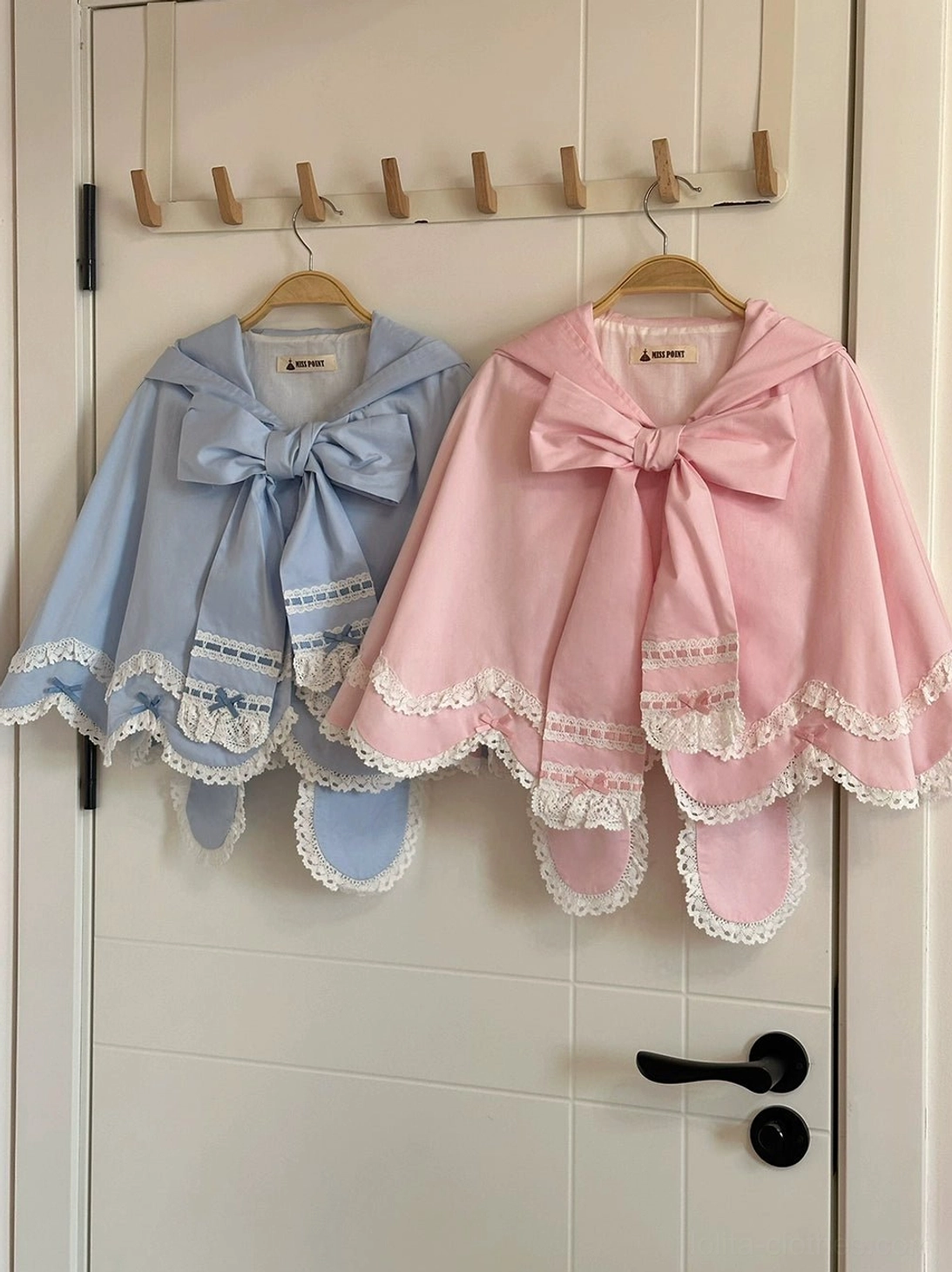 Two color options blue and pink lolita rabbit ear capes flat hanging display door hook scalloped lace hem large front bow matching hanger straps
