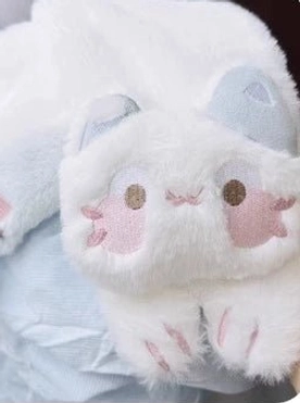 Blue plush scarf with 3D cat head decoration and embroidered cat paw details, matching accent for lolita cat coat collection
