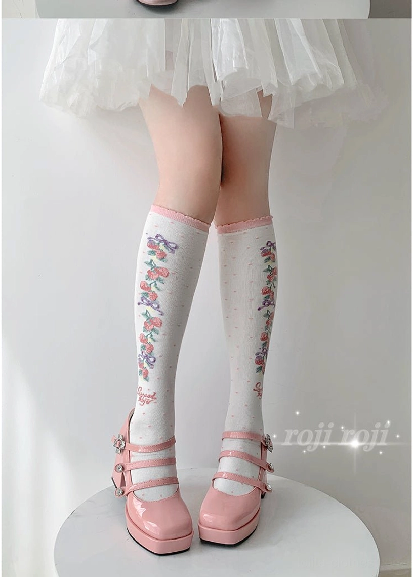 blue-purple floral sweet lolita knee-high cotton socks ribbon prints light pink cuff trim pink triple-strap mary jane shoes white background