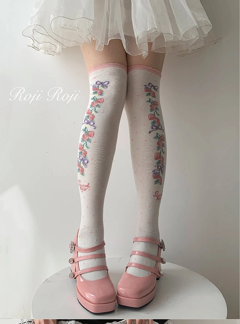 blue-purple floral sweet lolita thigh-high cotton socks ribbon prints light pink cuff trim round display stand pink mary jane shoes full length