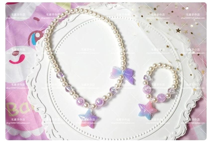 Blue purple gradient star charm pearl choker necklace and matching beaded bracelet kawaii lolita accessory