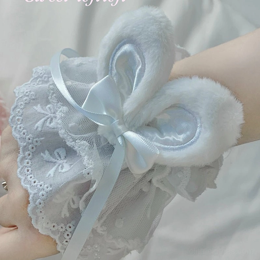 Blue rabbit ear lace wrist cuffs sweet lolita style bunny ears lace trim bow tie ribbon accessory