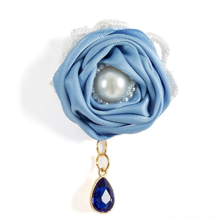 Blue rose brooch accessory lolita coordinate centerpiece pearl accented vintage millinery inspired embellishment