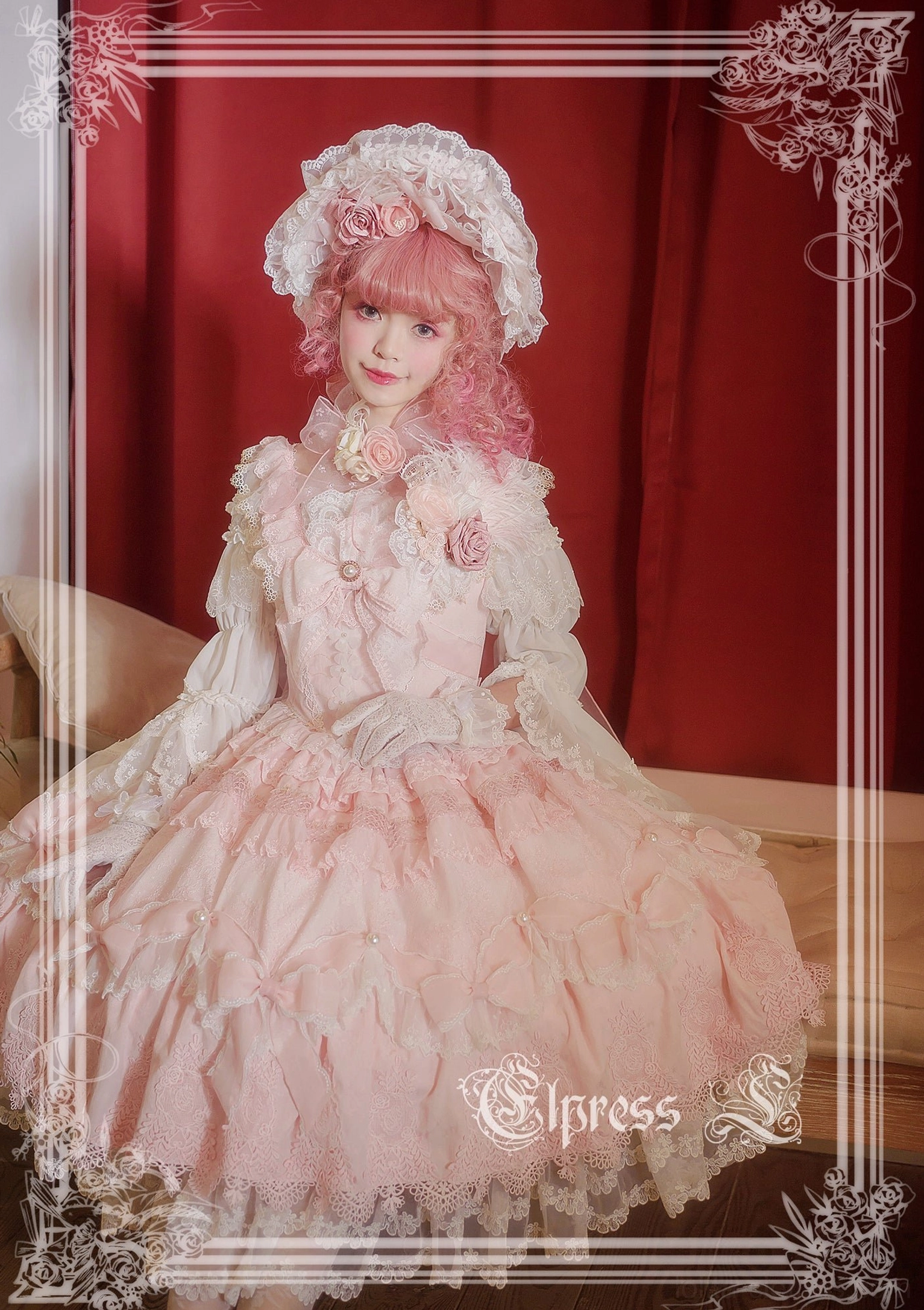 Blue slate lolita bonnet BNT with artificial flowers lace flounce and ribbon details complete headdress