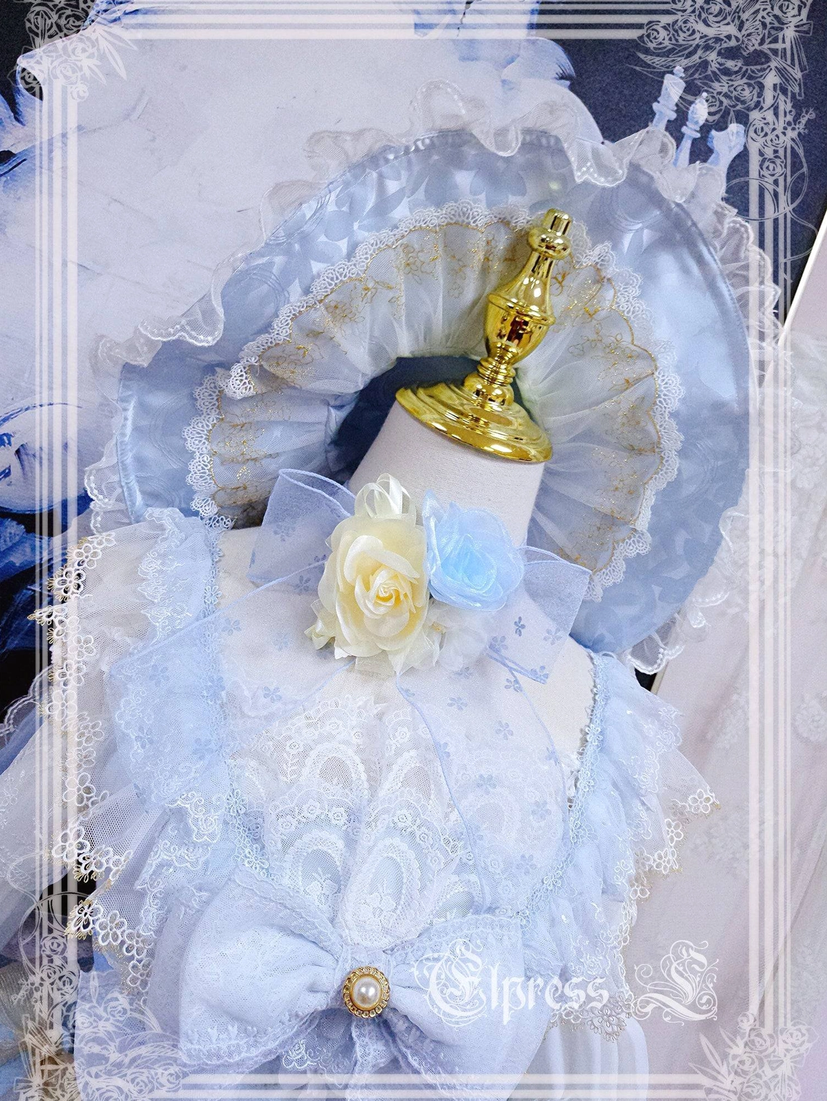 Blue slate lolita festive choker with floral design and ribbon accent seasonal neckpiece component