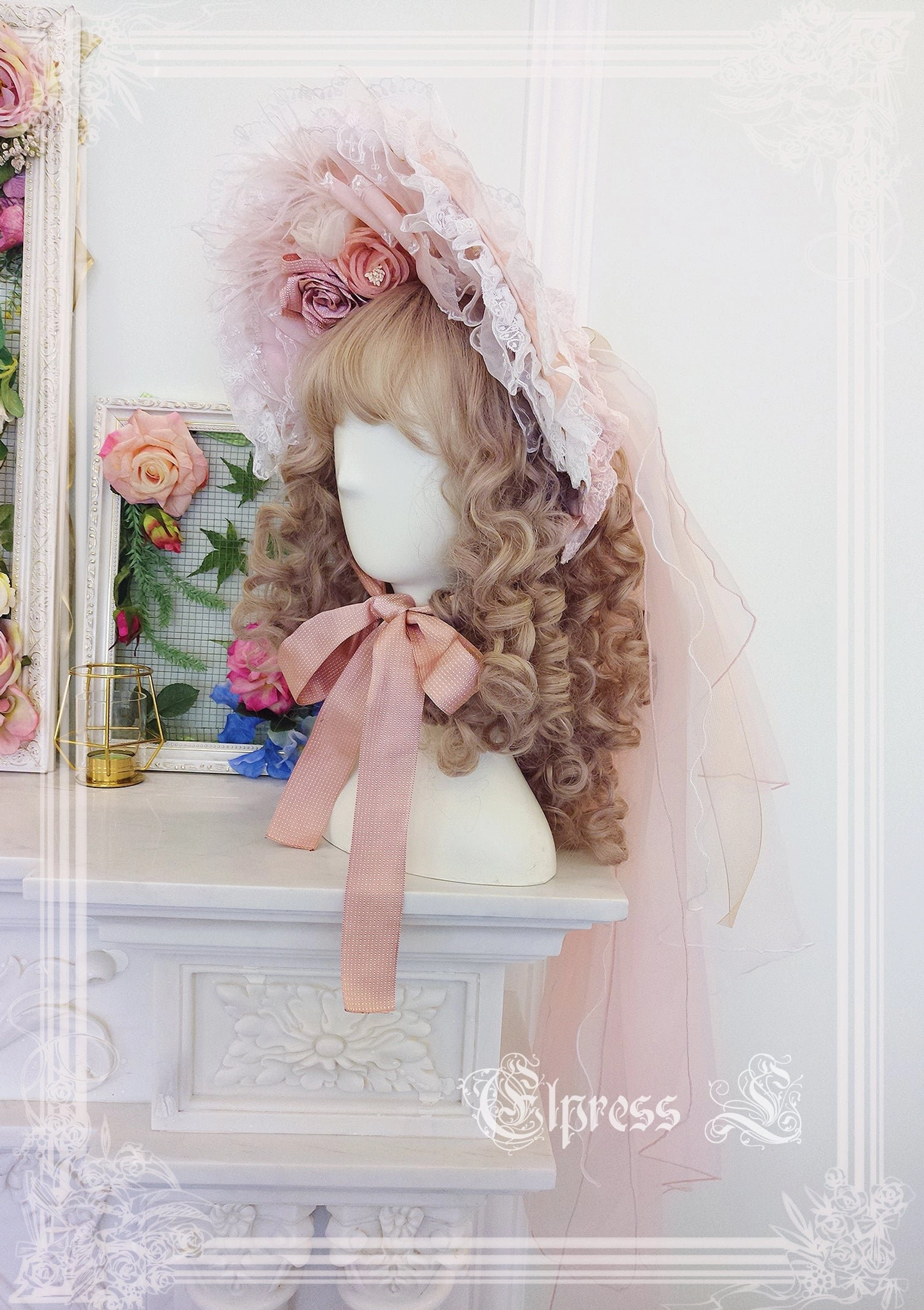 Blue slate lolita flower hairpins with feather design and floral embroidery seasonal accessory component close-up