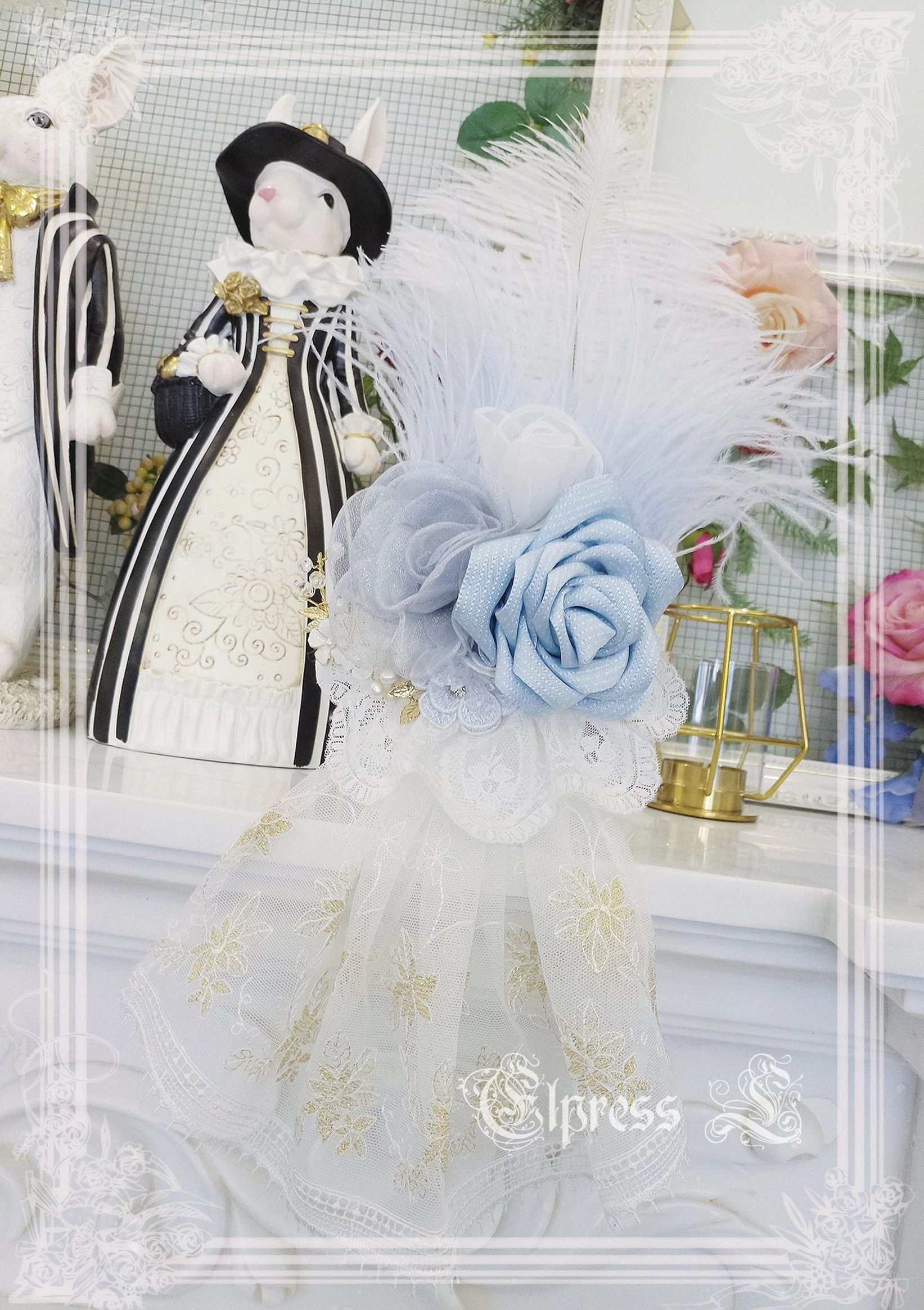 Blue slate lolita flower hairpins with feathers and botanical details seasonal Lolita hair accessory component