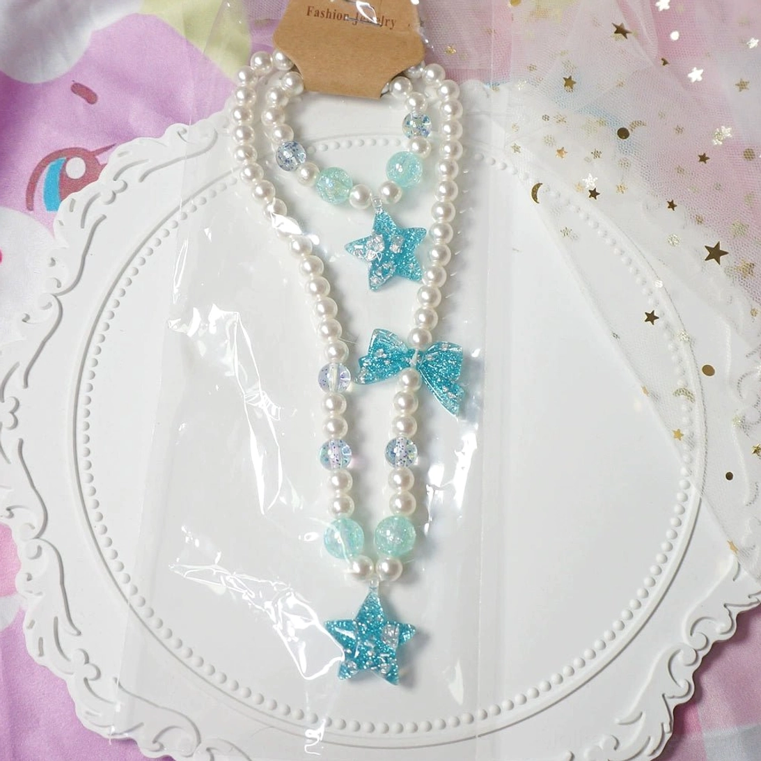 Blue star ombre bead pearl choker necklace and bracelet kawaii lolita jewelry set with glitter accents