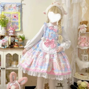 model blue sweet lolita bunny bear jumperskirt back three-quarter view ruffled collar and waist lace trim details studio setting