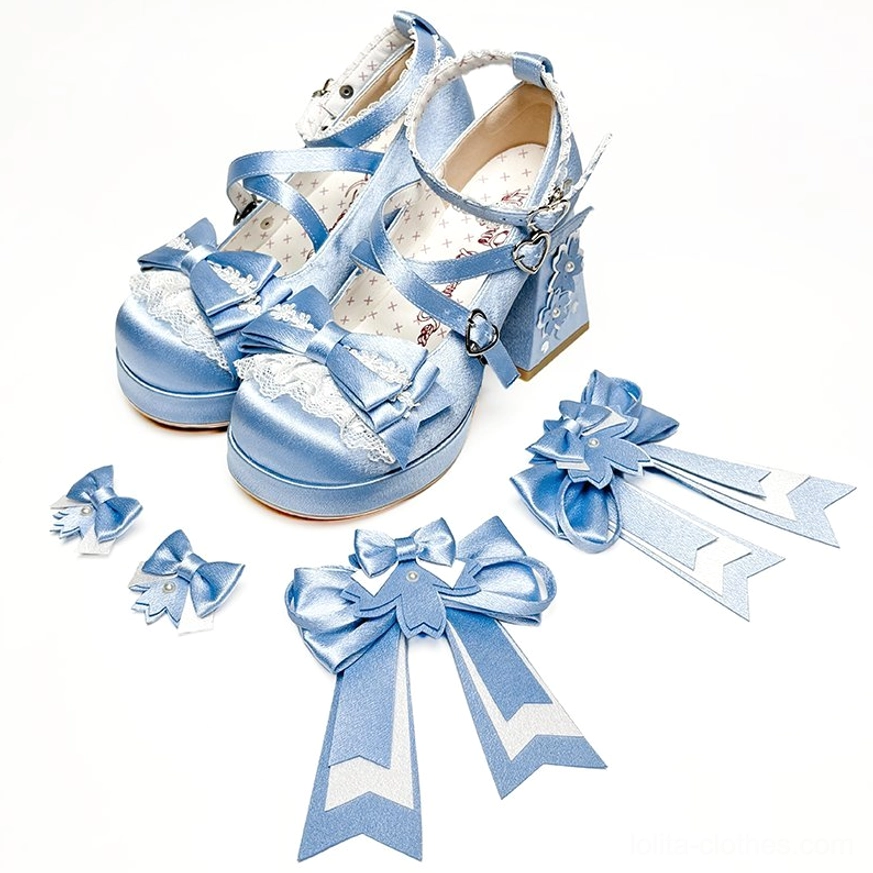 Blue sweet lolita chunky platform heel shoes elegant refined aesthetic suitable for sophisticated lolita fashion styling