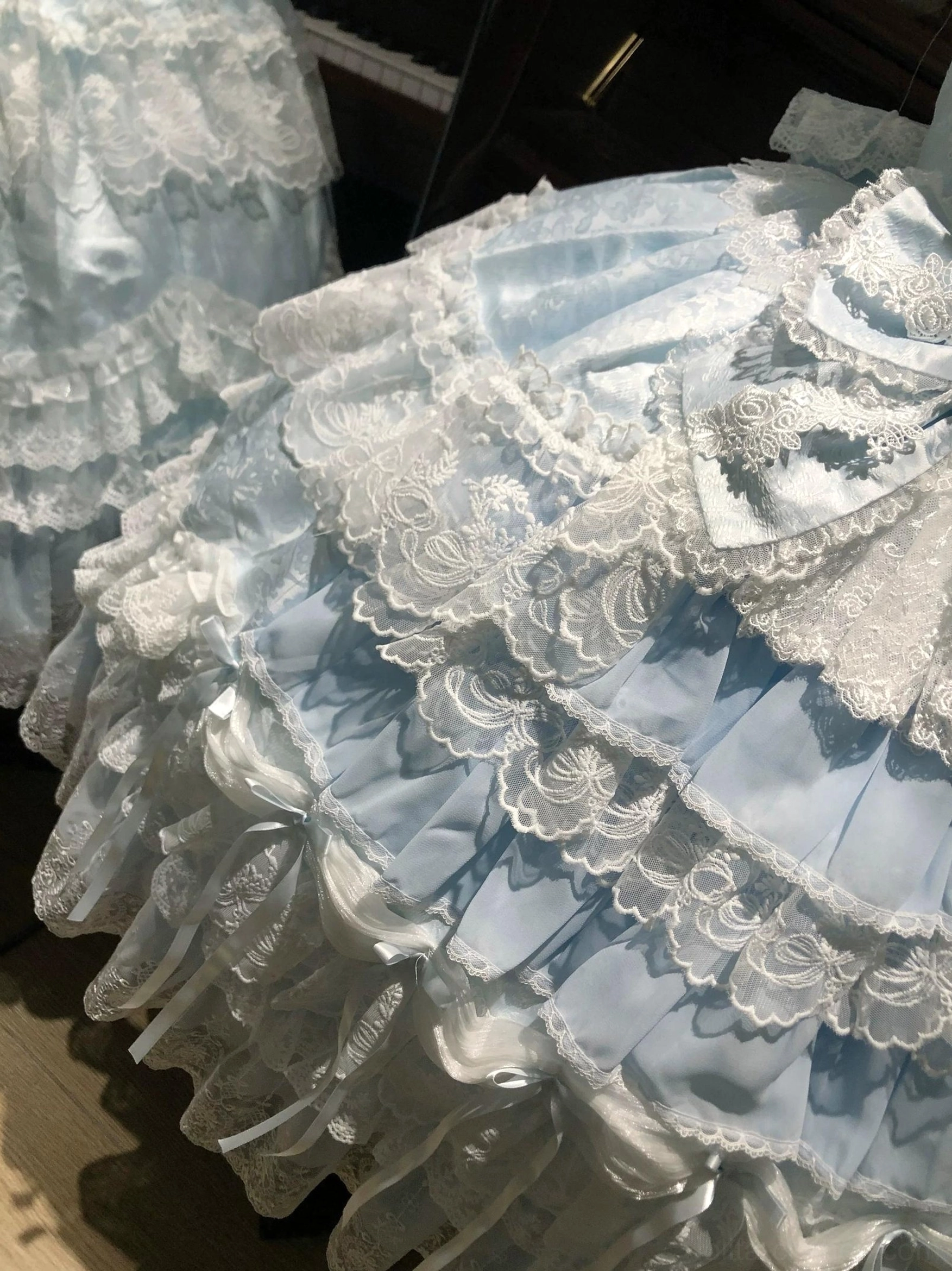 Close-up detail of multi-layered blue lolita dress skirt with satin ribbon decorations and white lace ruffles sky blue fabric base