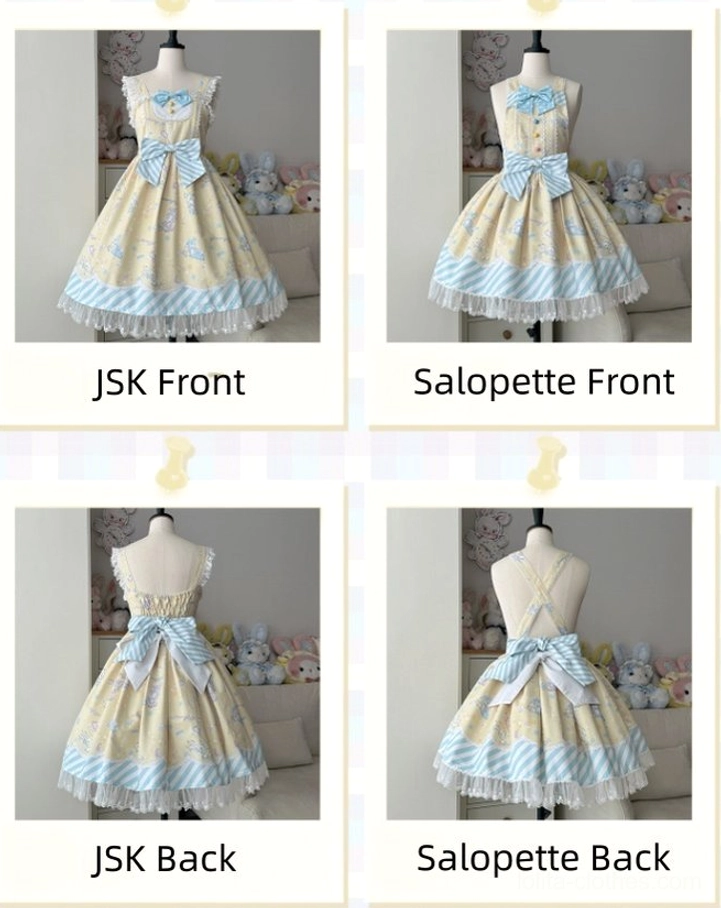 Blue colorway sweet Lolita jumper skirt displayed in full, showing overall silhouette, lace hem placement, bowknot positioning, and bunny print distribution