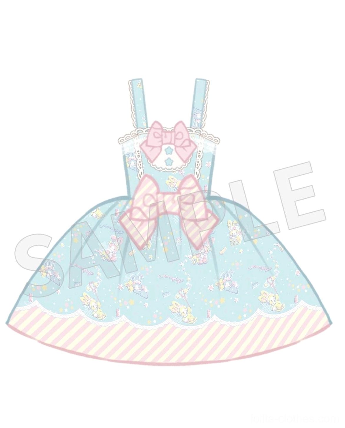 Blue variant of sweet Lolita jumper skirt with matching apron displayed hanging showing blue colorway, overall silhouette, decoration placement