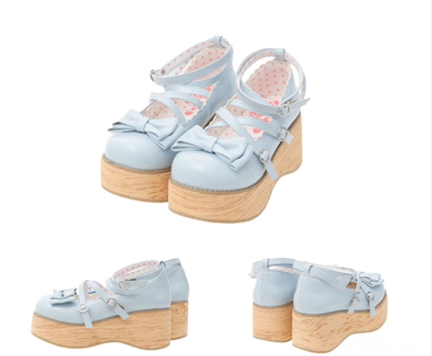 Blue sweet lolita platform Mary Jane shoes with bow detail and buckle ankle straps kawaii style feminine footwear