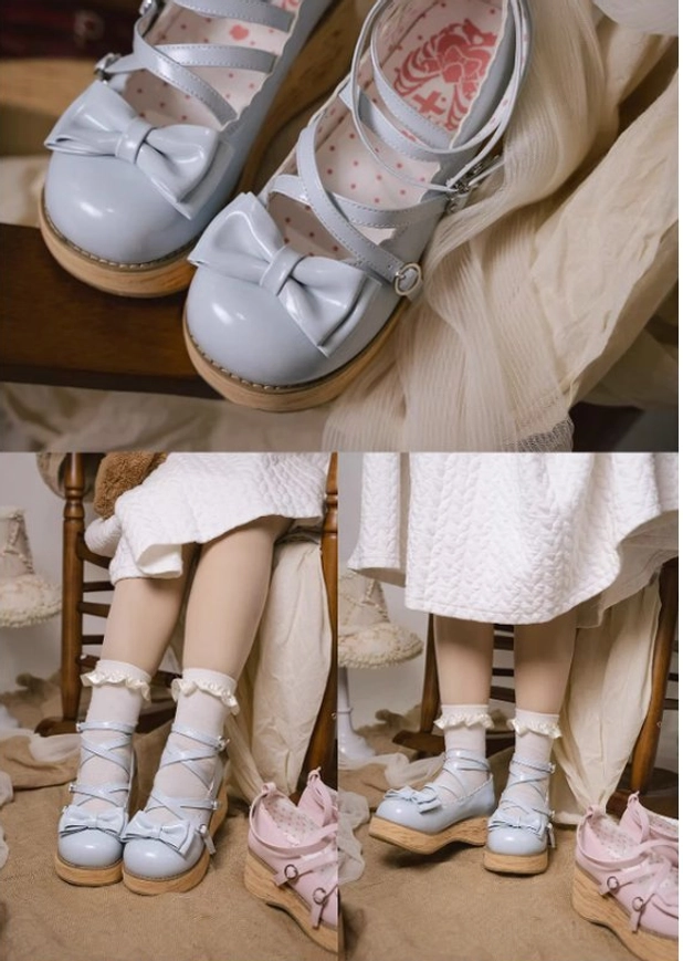 Blue sweet lolita platform Mary Jane shoes styled with lolita dress and thigh-high socks ensemble