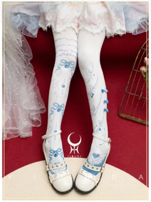 Blue sweet lolita printed pantyhose sapphire bow appliqué accents white tights front view with shoes