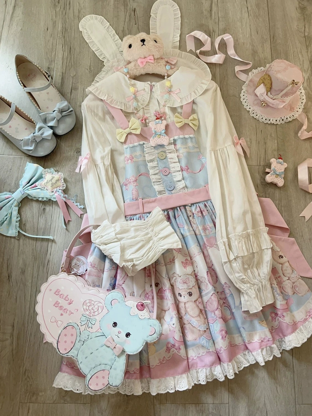 Blue sweet lolita salopette jumper skirt bear rabbit animal print high-waist suspenders full garment view