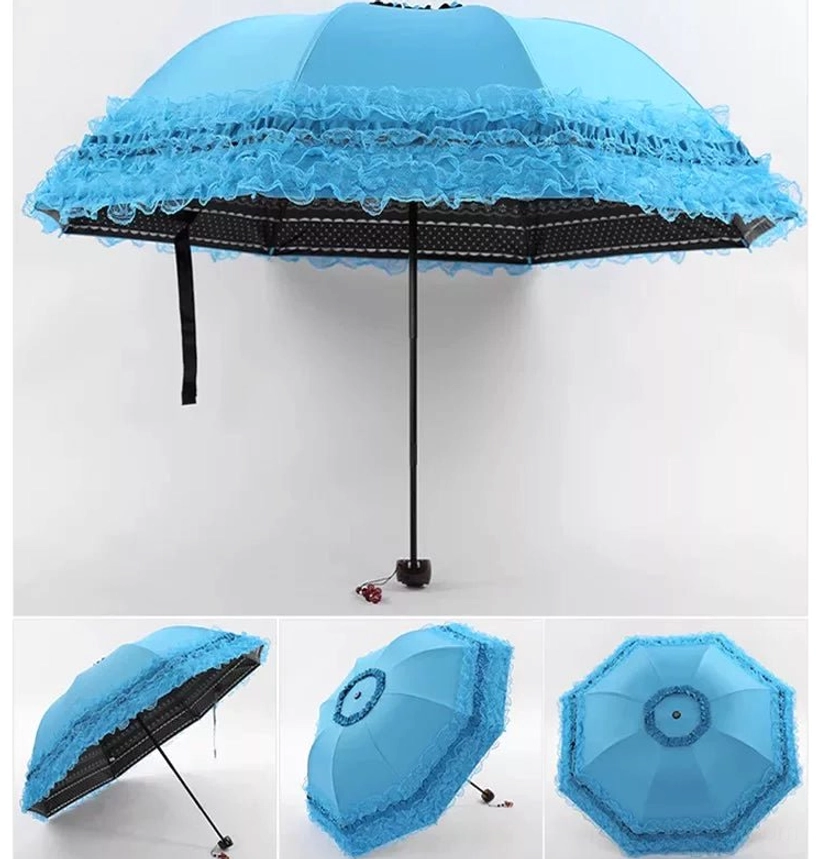 Blue version C foldable lolita parasol with double-layer ruffled lace trim and elegant design, compact folded display showing portability
