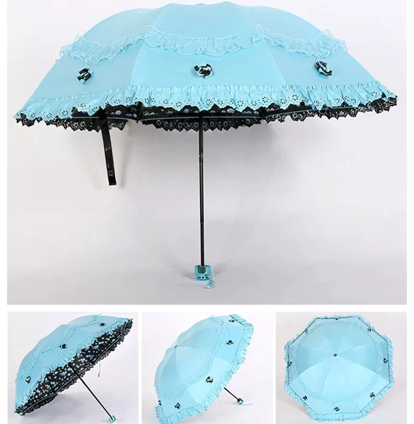 Blue version M foldable lolita parasol with embroidered floral design and gold-tone accents, dimensional rose patterns, metal handle display