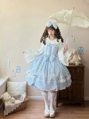 Pastel blue lolita jumper skirt dress petal ruffled hem vintage living room white lace three quarter view parasol