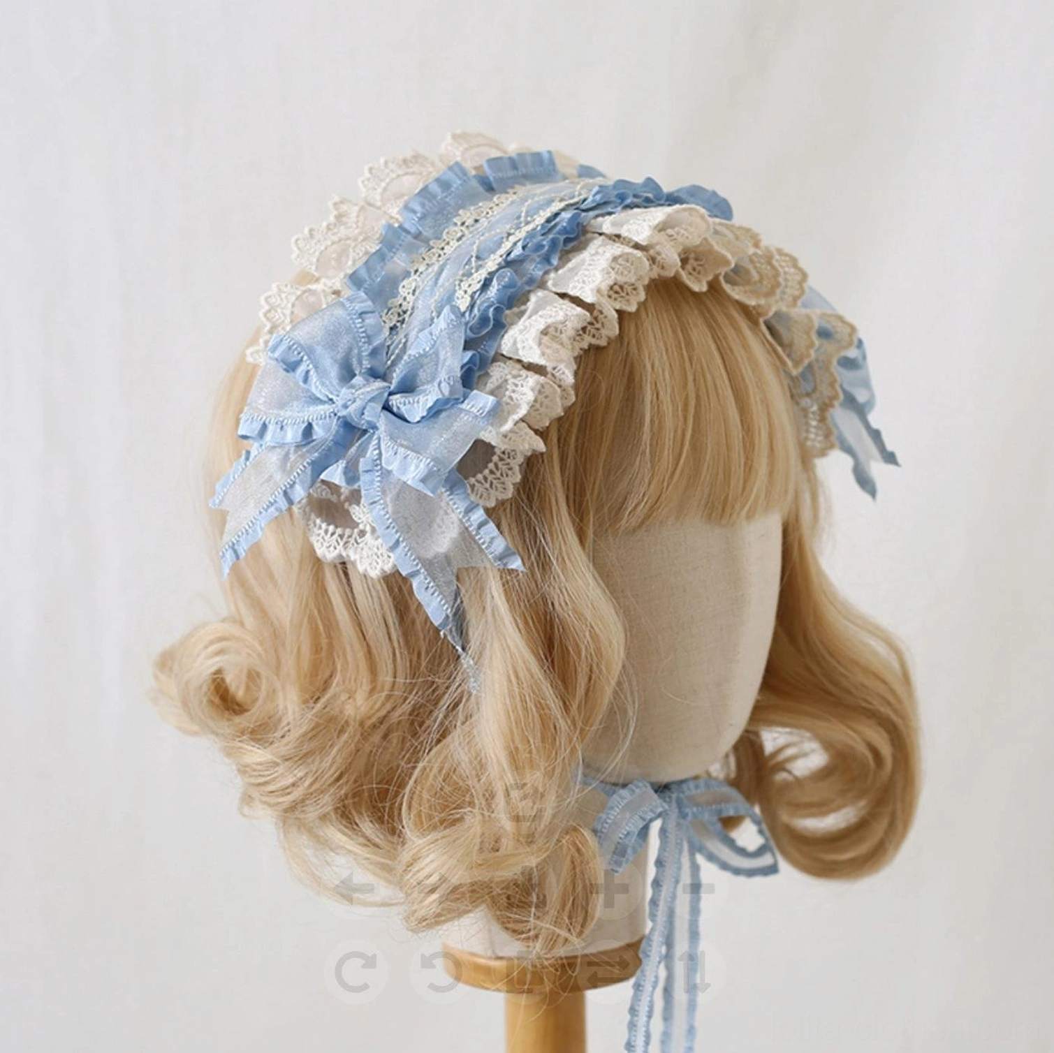 Blue and white contrast lolita lace hair clip headband rear side view with light blue mesh side bow and matching blue neck ribbon detail