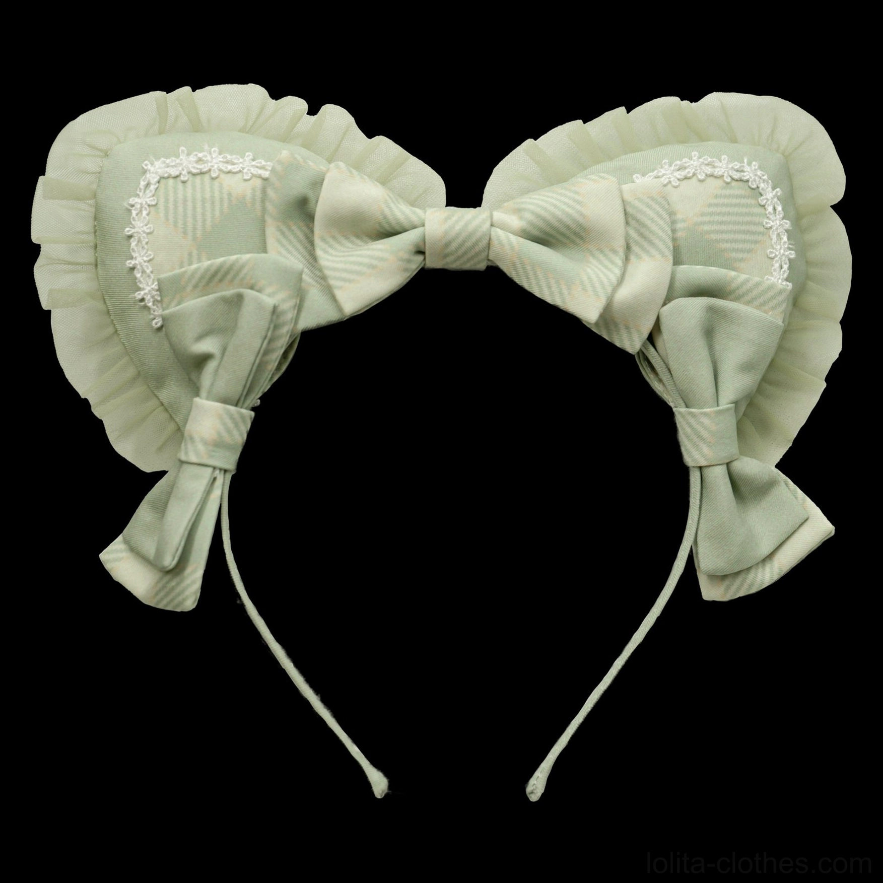 Blue and white gingham cat ear lolita KC headband flat lay on black background featuring satin bow and delicate white lace trim details