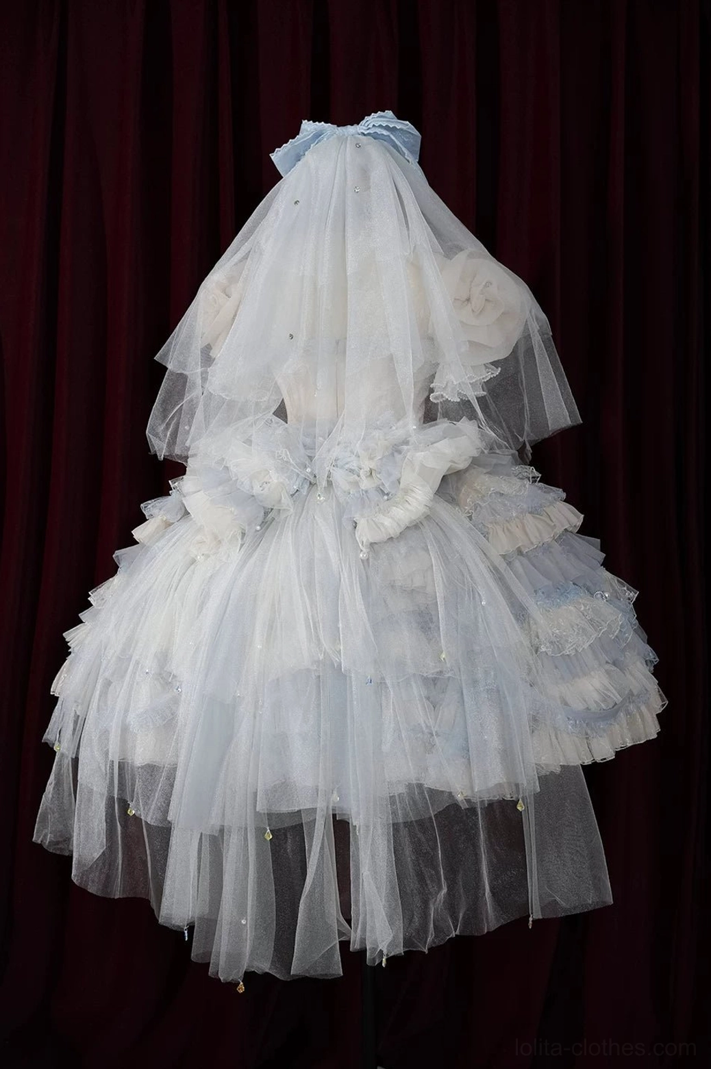 Blue white gradient Lolita bridal headdress veil with fabric bow back view tiered tulle double-layer veil