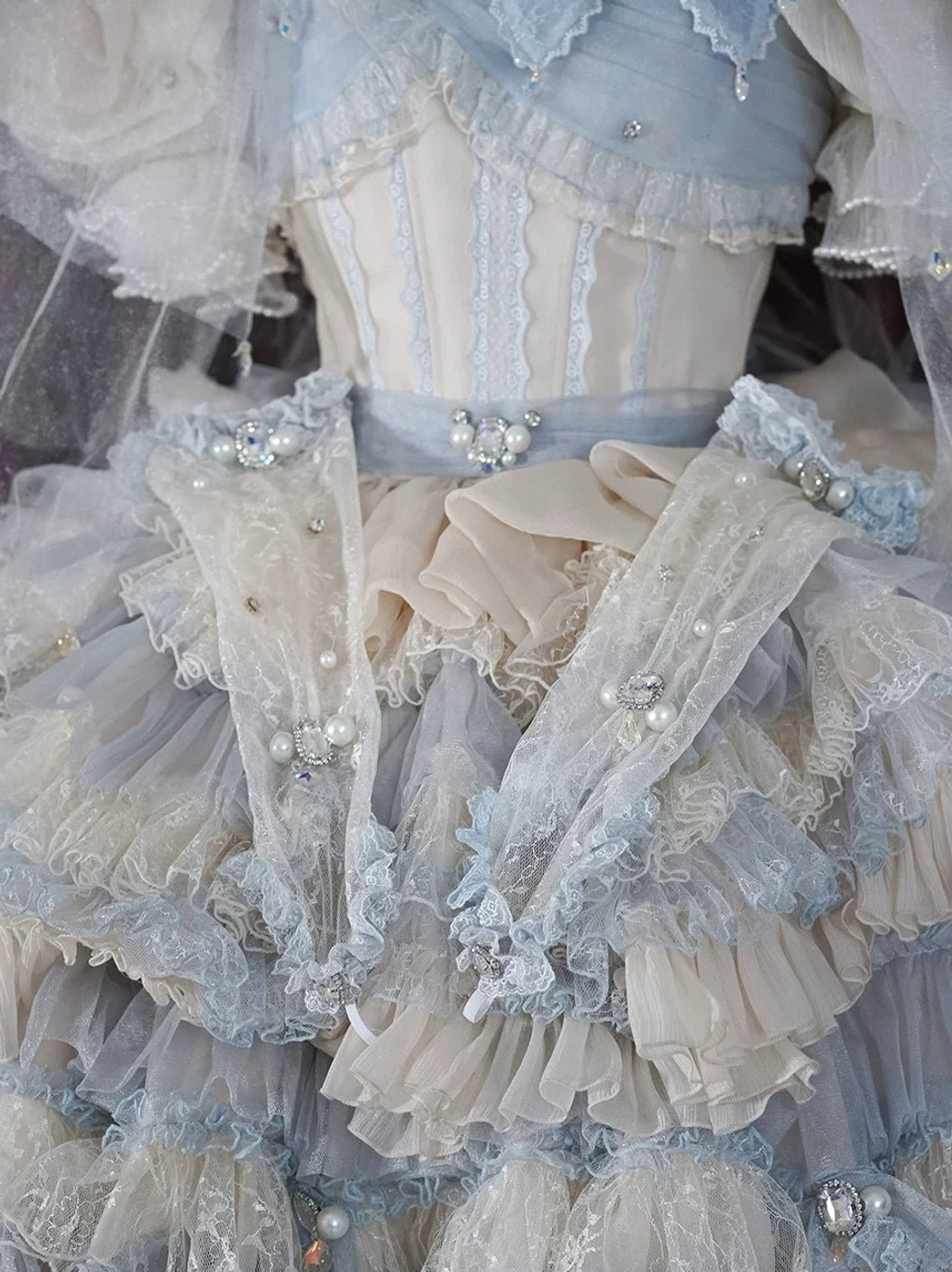 Blue white Lolita headdress veil with lace overlay pearl crystal trims ruffled chiffon waist detail closeup