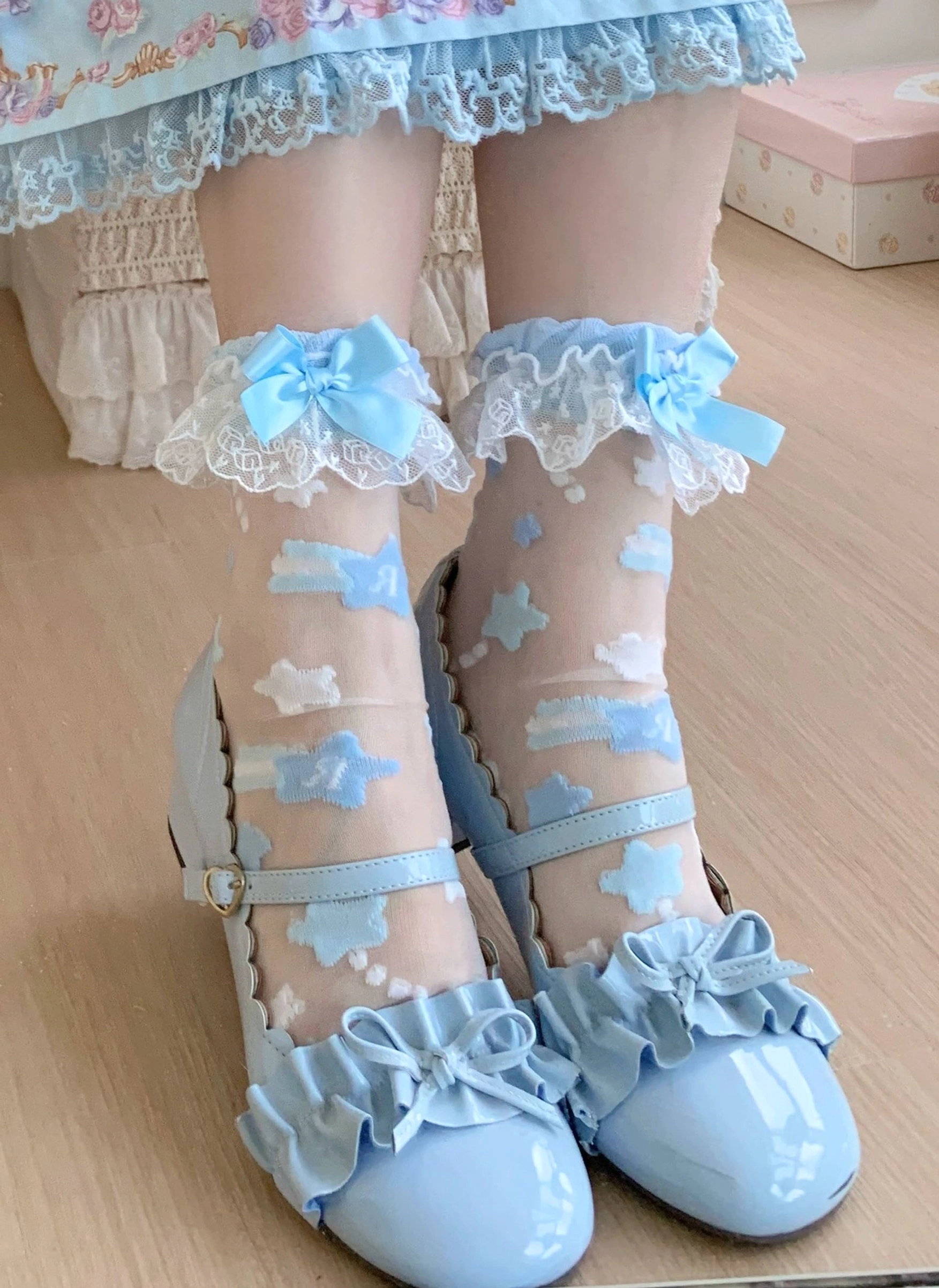 Blue x white lolita socks with multicolor star embroidery blue satin bow and sky-blue mary janes