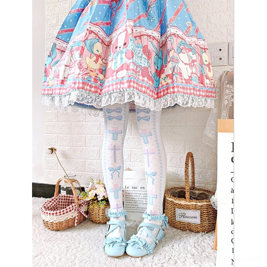 Blue and white lolita velvet thigh high stockings with bow pattern, matching rabbit print blue lolita dress and blue bow shoes