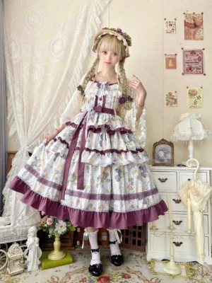 Blueberry midsummer country lolita tiered JSK front full-body view with vintage blueberry ice cream print white base purple ruffled trims and multi-layered flounced skirt