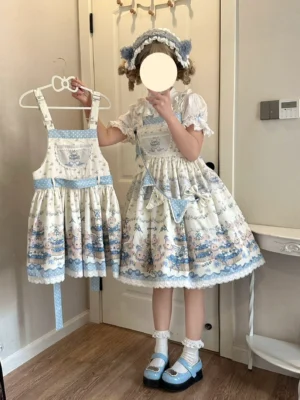 Blueberry tart party sweet lolita JSK salopette dress full body front view white base blue dessert print scalloped lace hem model holding on hanger
