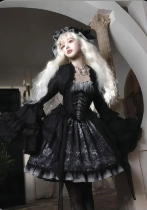 Bone-Eroded Butterfly Gothic Lolita JSK dress with matching bolero jacket worn by model with white curly wig and black bonnet in vintage European archway setting