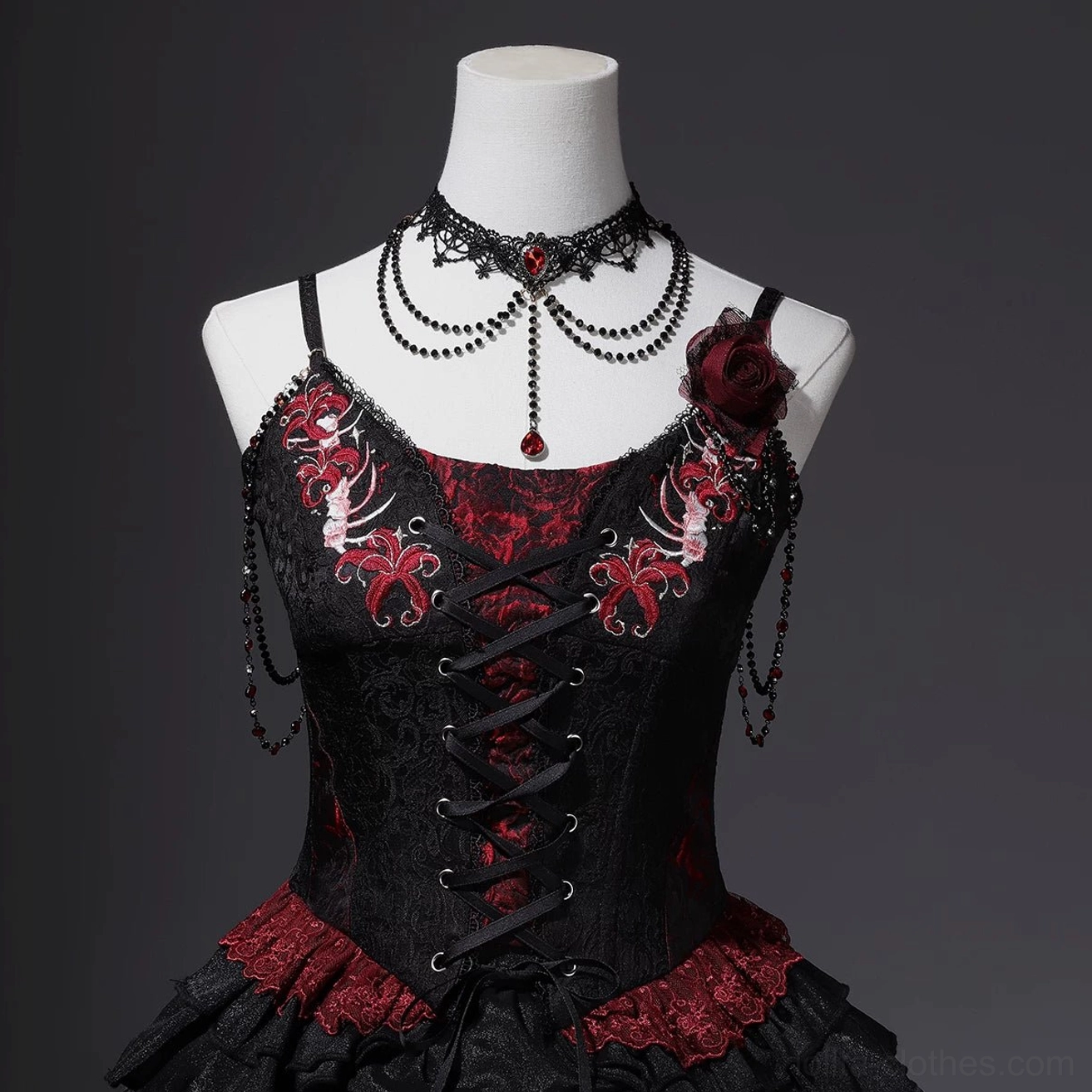 Close-up gothic lolita camisole embroidery red spider lily lace corset front wine red trim details