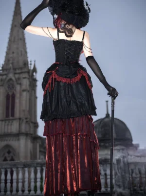 Gothic lolita dress back corset lace-up closure layered ruffled skirt wine red chiffon rear view