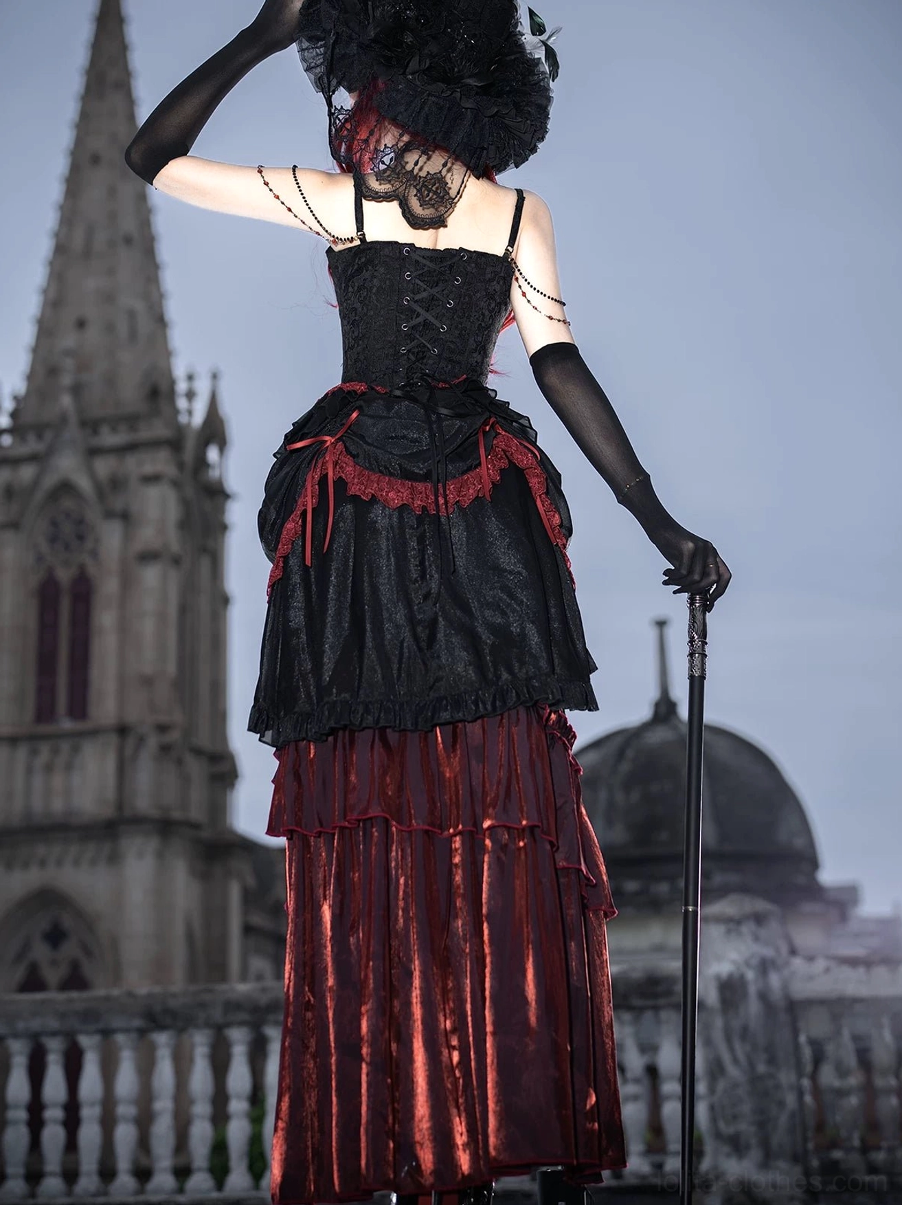 Gothic lolita dress back corset lace-up closure layered ruffled skirt wine red chiffon rear view