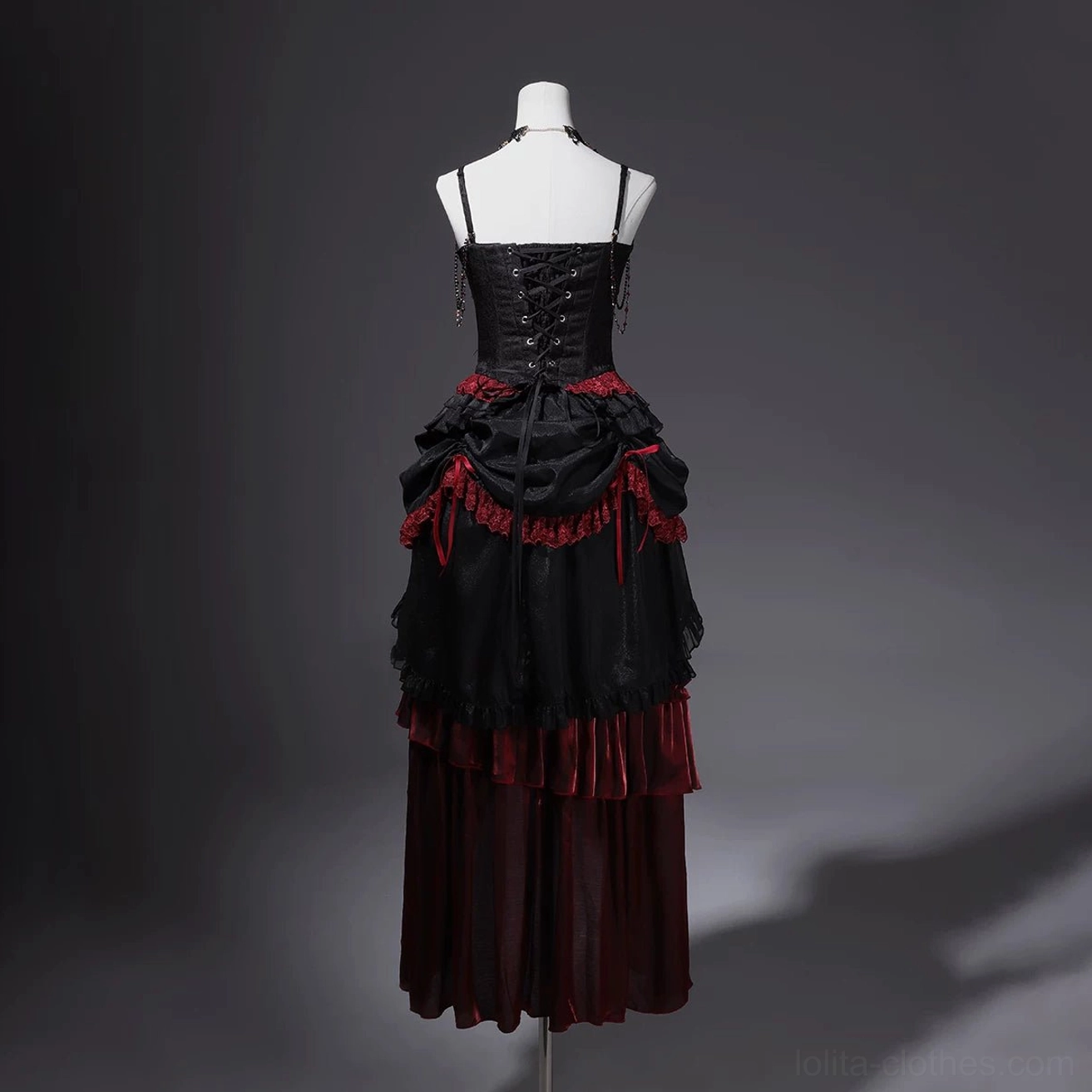 Gothic lolita dress back view dress form lace-up corset back panel layered ruffled skirt hem details