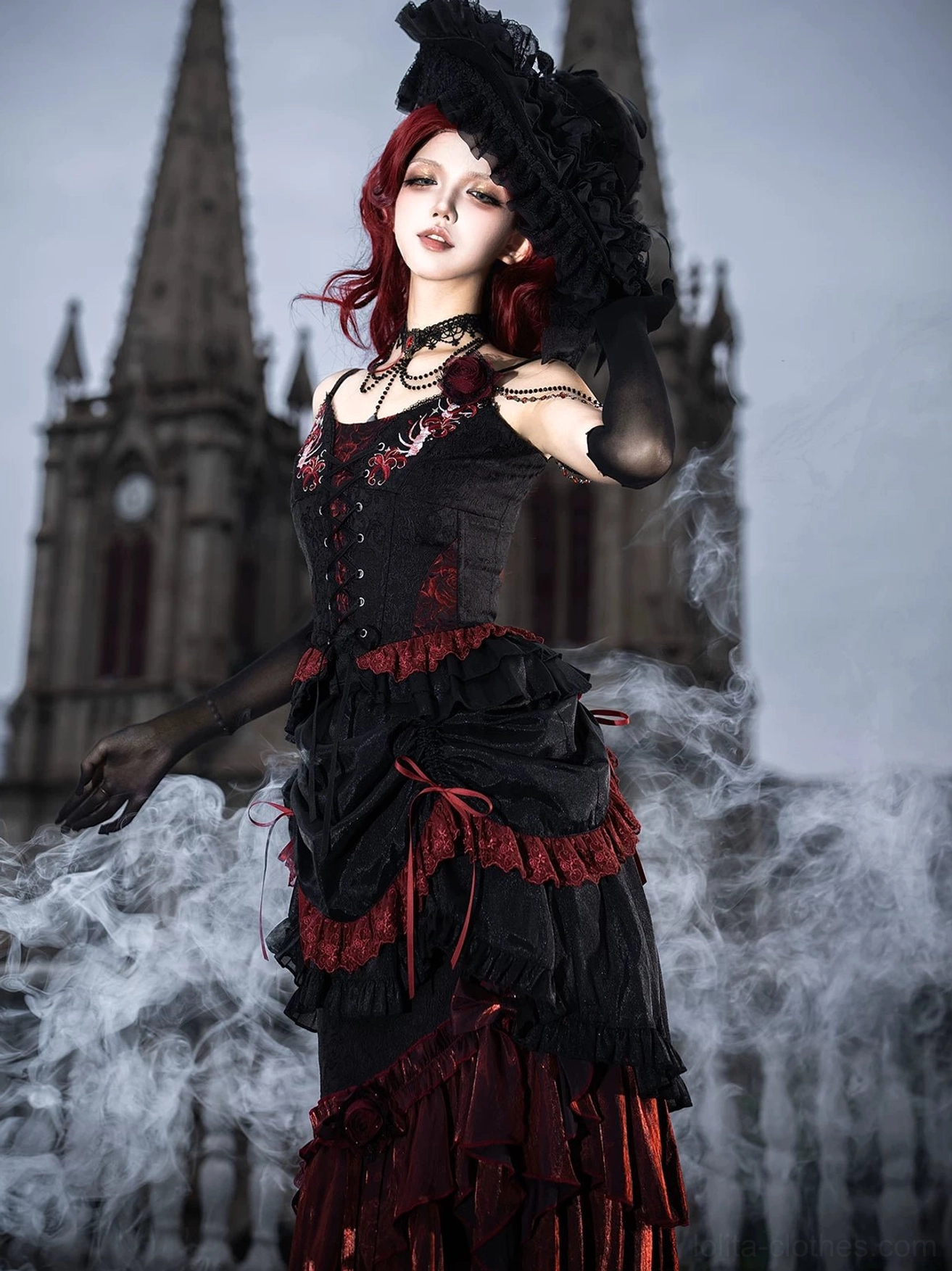 Bone Rot Bloom gothic lolita two-piece set front three-quarter view model gothic hat church background