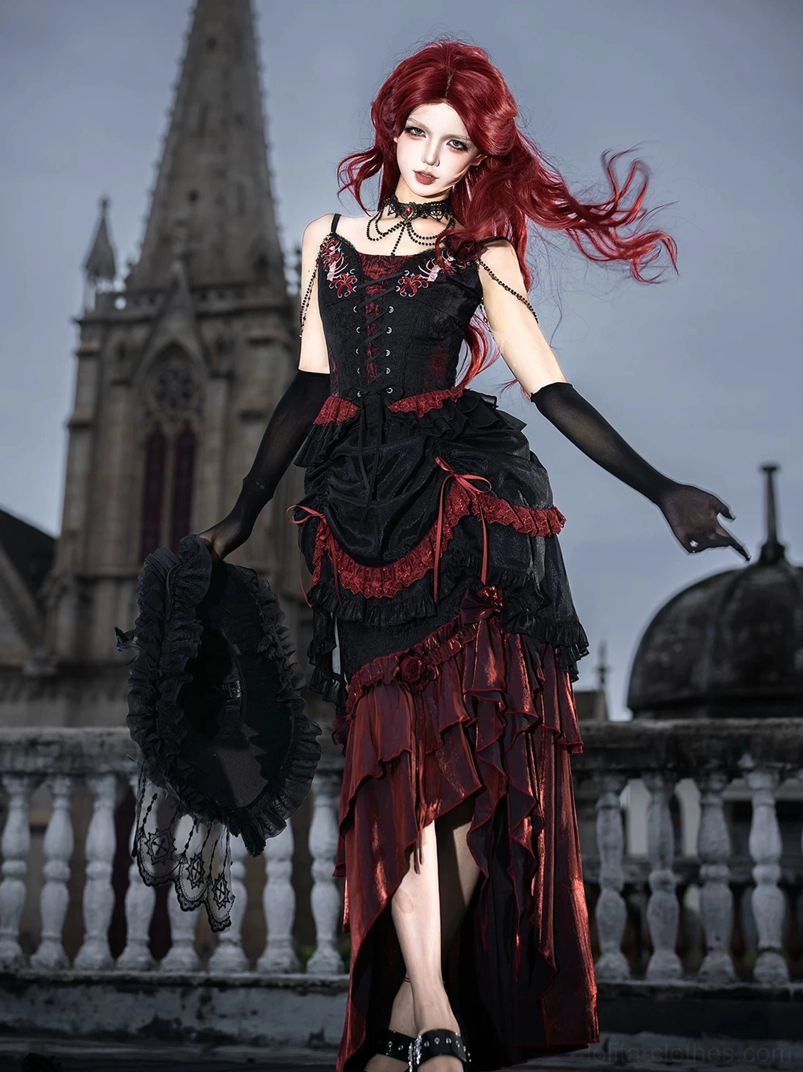 Bone Rot Bloom gothic lolita camisole layered skirt set black wine red embroidered front view model outdoor