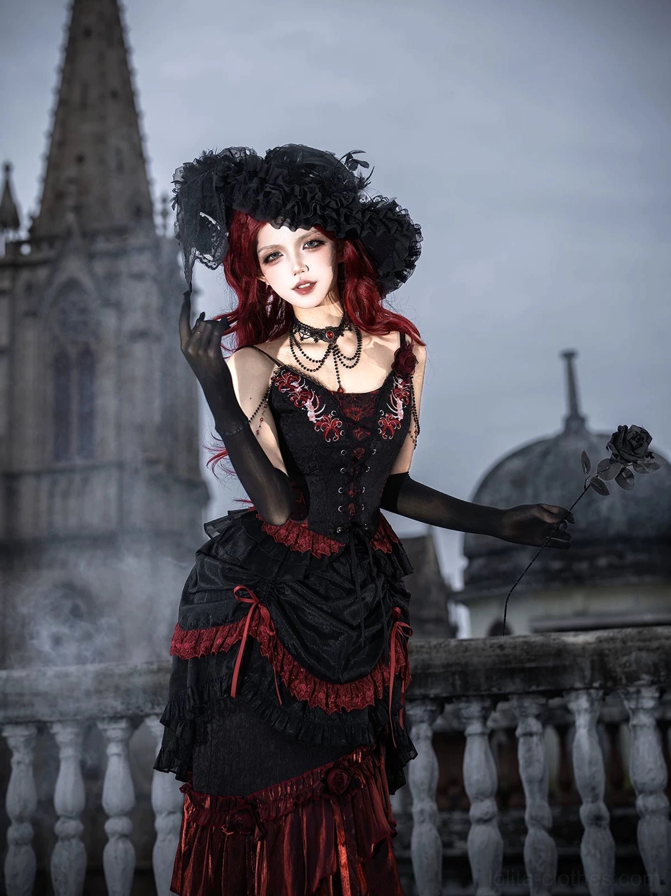 Bone Rot Bloom gothic lolita complete ensemble styled with opera gloves accessories goth fashion