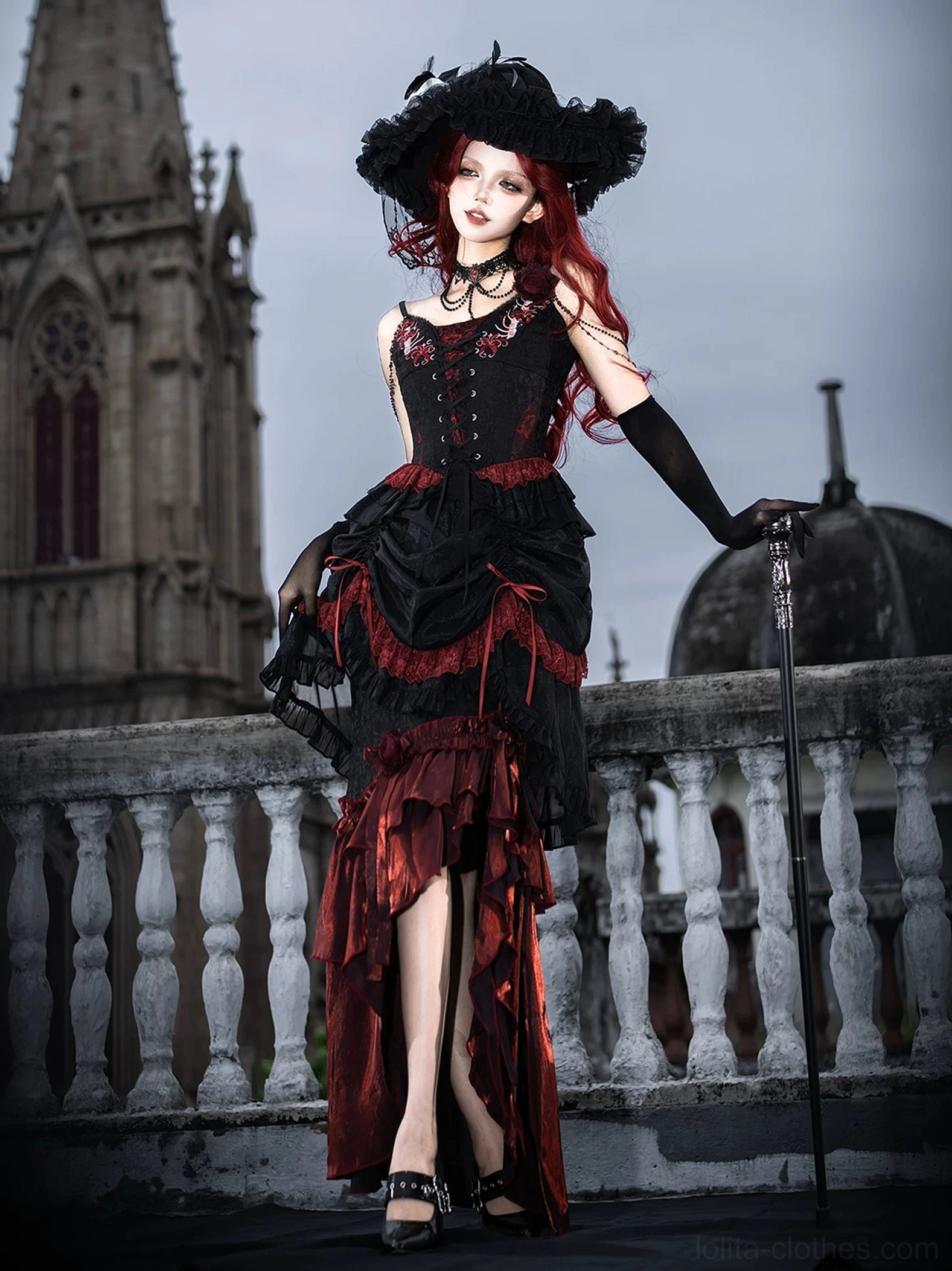 Bone Rot Bloom gothic lolita two-piece set model outdoor photoshoot dark romantic aesthetic