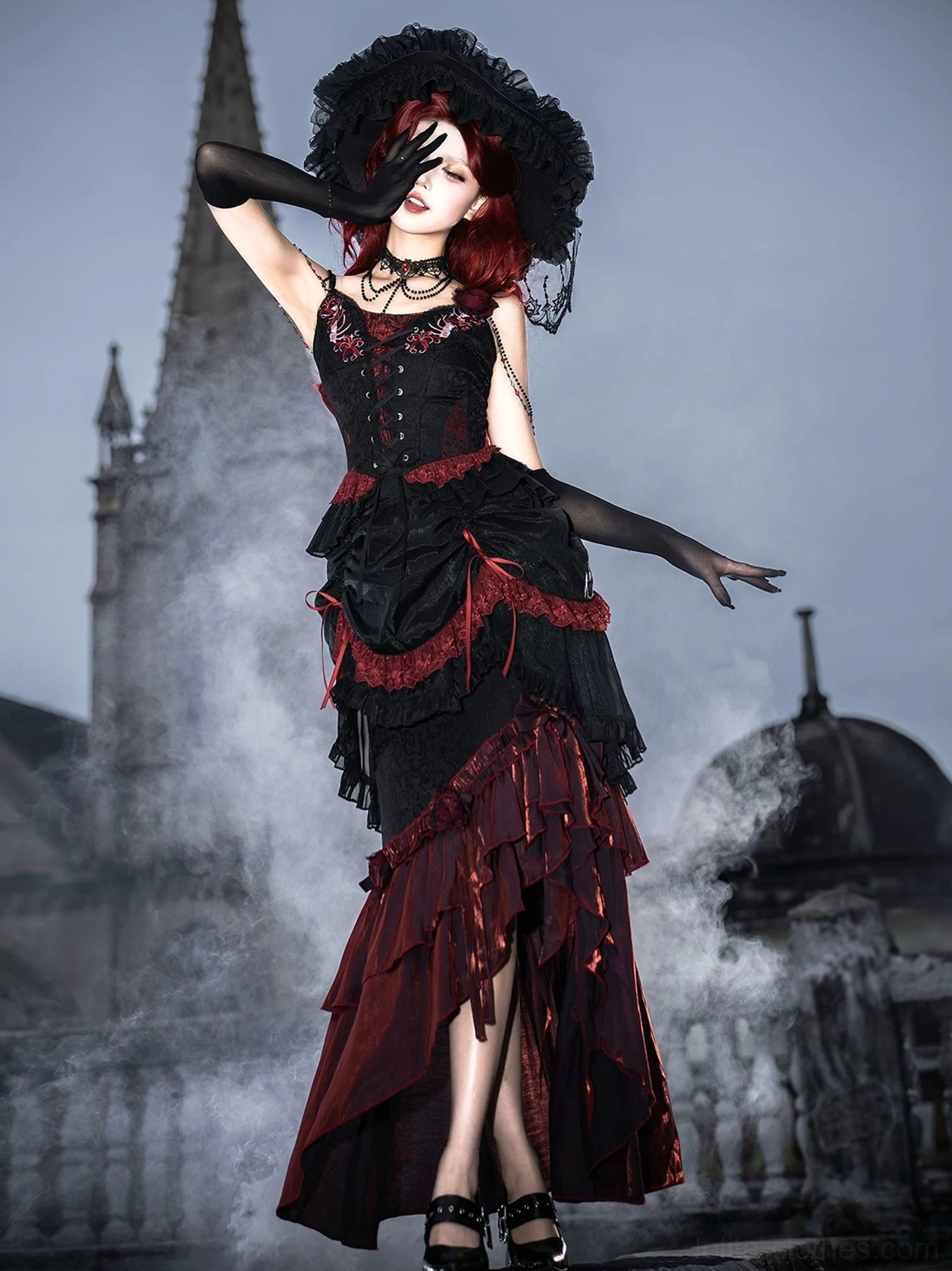 Bone Rot Bloom gothic lolita dress form display studio black background wine red skirt layered view