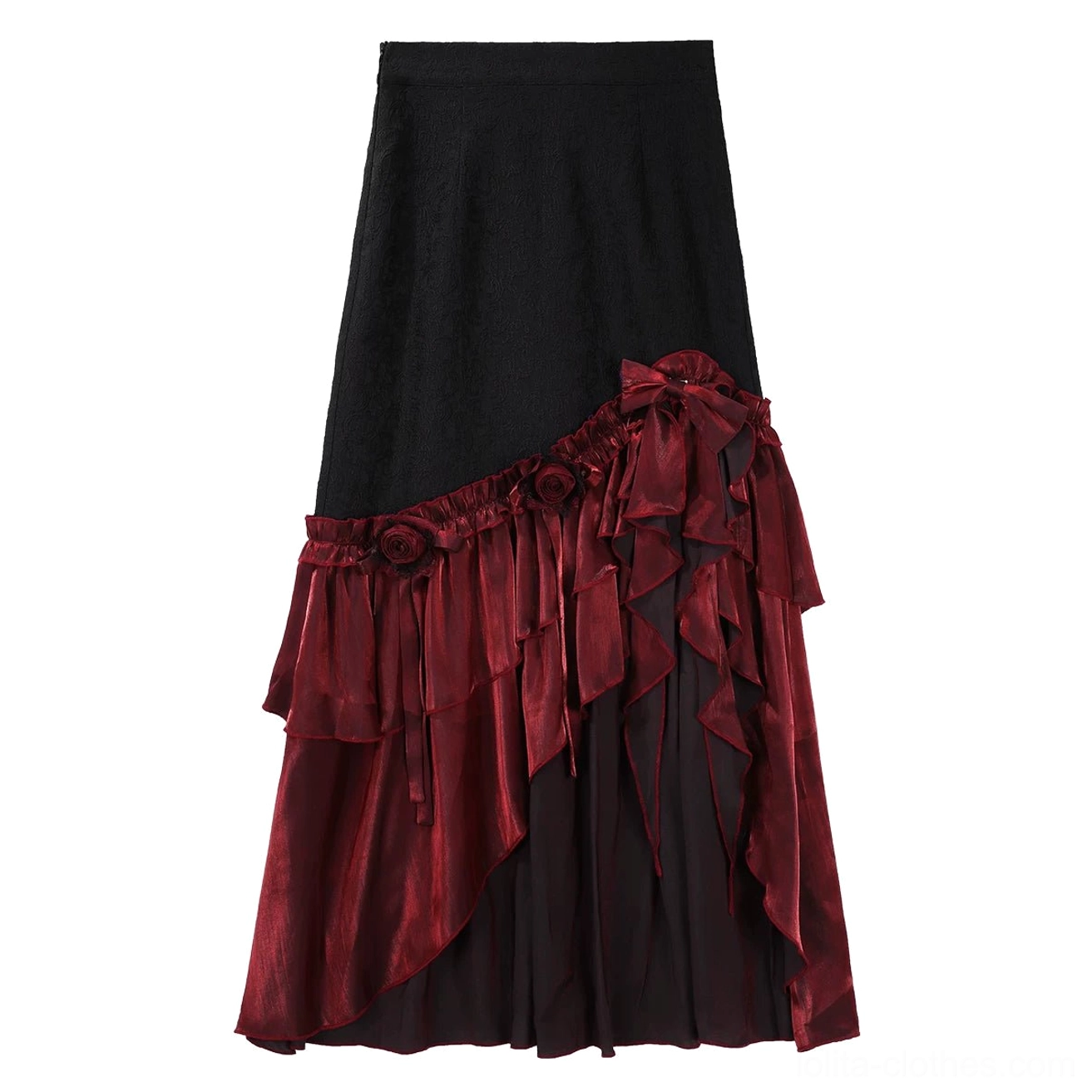 Bone Rot Bloom long skirt only black jacquard asymmetrical split irregular hem crinkle chiffon edge