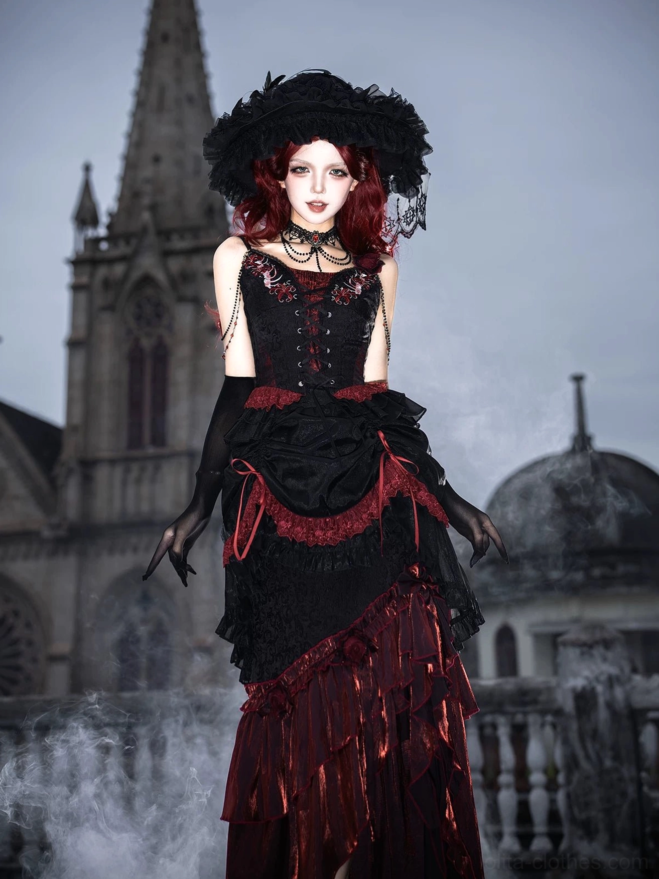 Bone Rot Bloom short skirt close-up wine red dense chiffon lifted hem mechanism removable feature