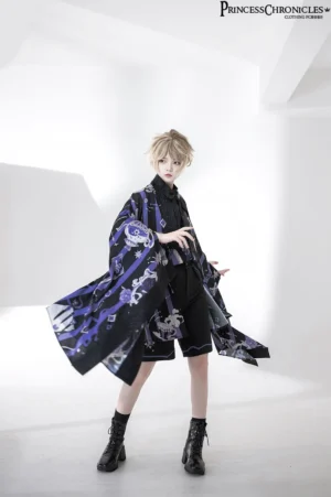 Boystyle Lolita vintage anime print haori coat full front view on androgynous model with wide sleeves and black blue-purple striped design in minimalist white studio