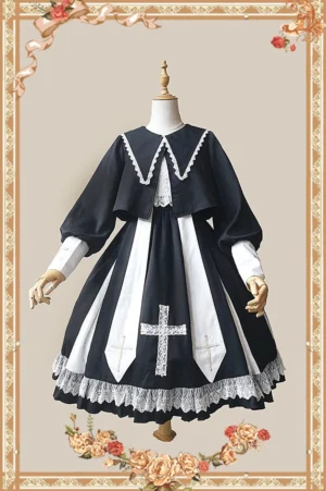 Two-piece gothic lolita coordinate set featuring black cropped coat with scalloped lace collar and matching black-white jumper skirt with cross print